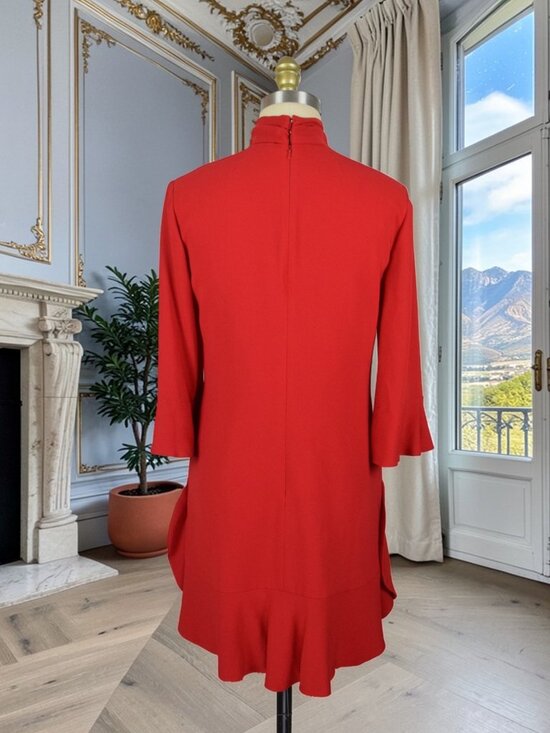 KAREN MILLEN HIGH NECK RED FLOUNCE HEM DRESS - Picture 6 of 9